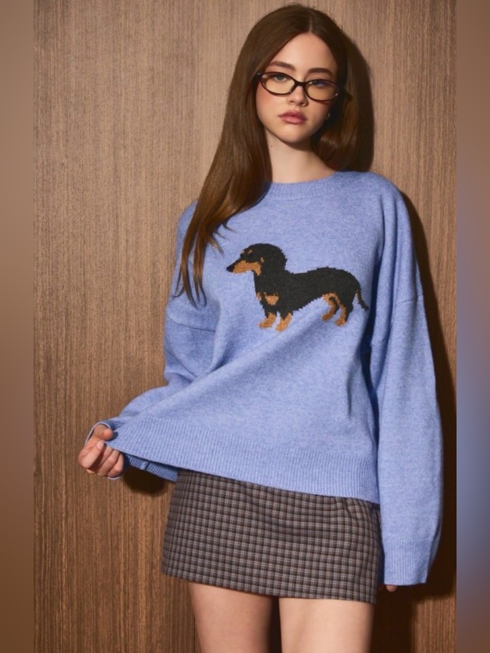 Le Lis Light Blue Dachshund Intarsia Knit Sweater